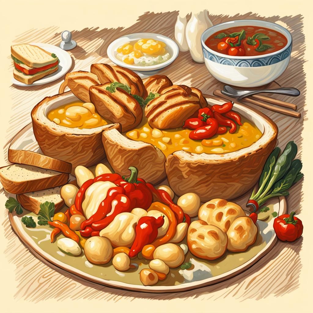 Cozy Soup and Sandwich Still Life in Dutch Style