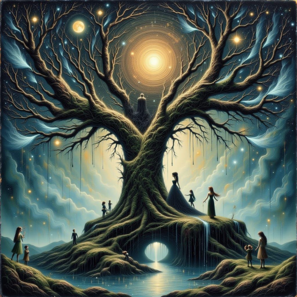 Ancient Galaxy Tree with Fairies and Elves
