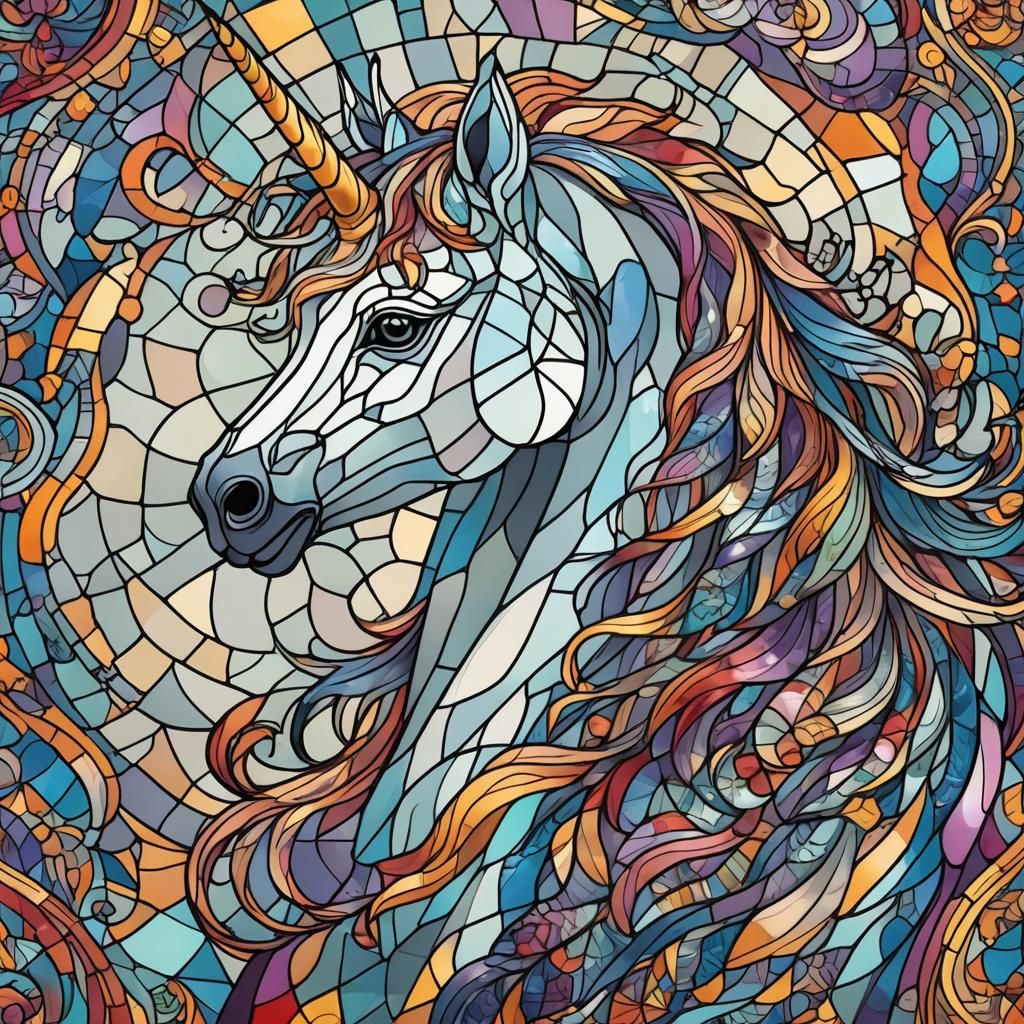 Stained Glass Unicorn with Abstract Fractal Design