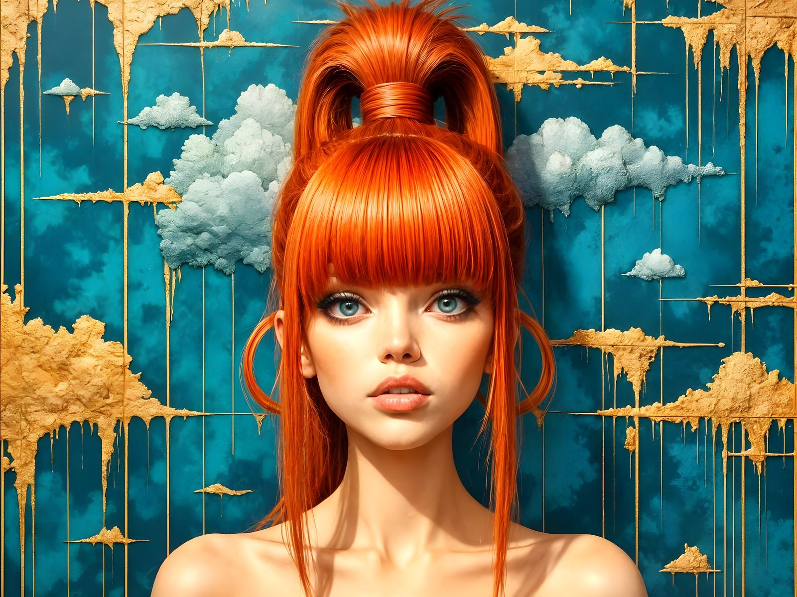 Redhead with Blunt Bangs in Electric Blue and Gold