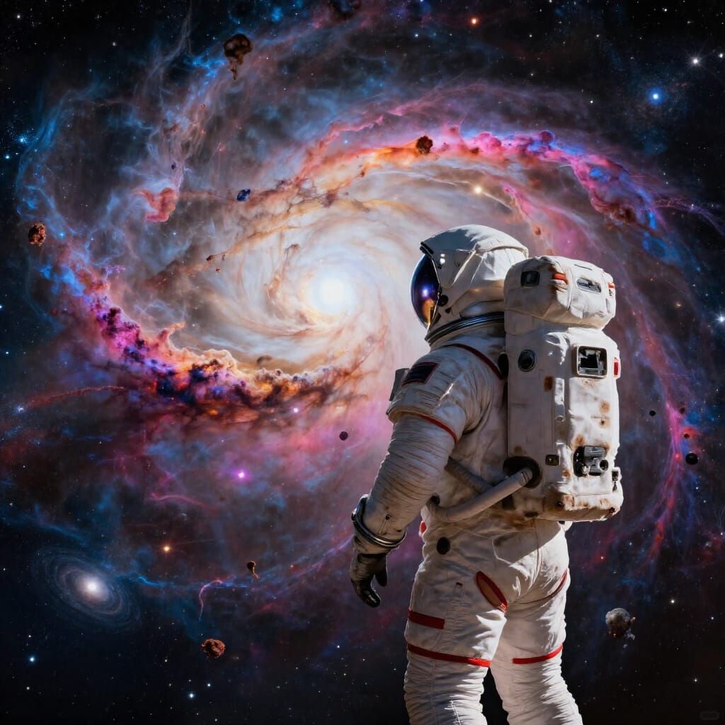Astronaut Gazes at Vibrant Nebula in Epic Space Opera Style