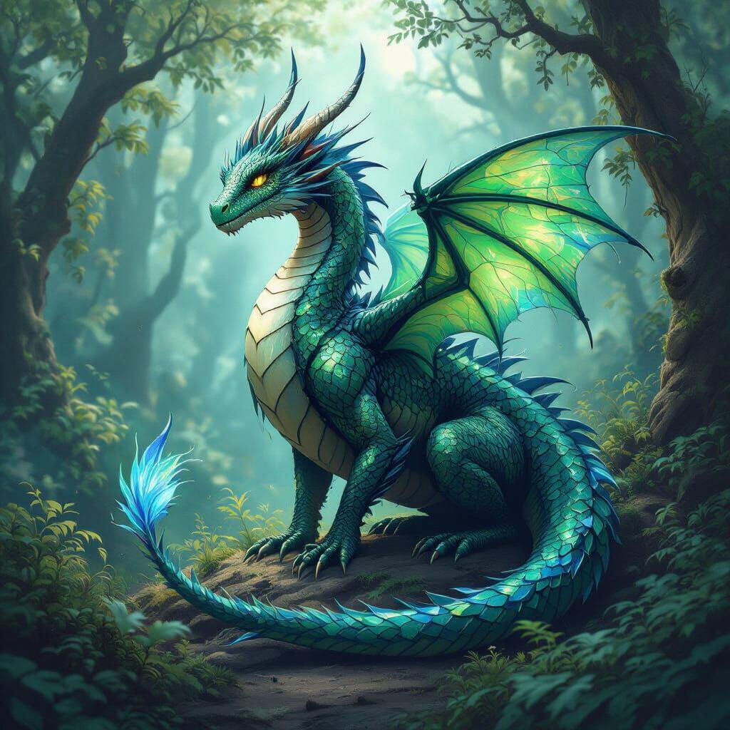 Majestic Dragon with Iridescent Bug Tail in Mystical Forest