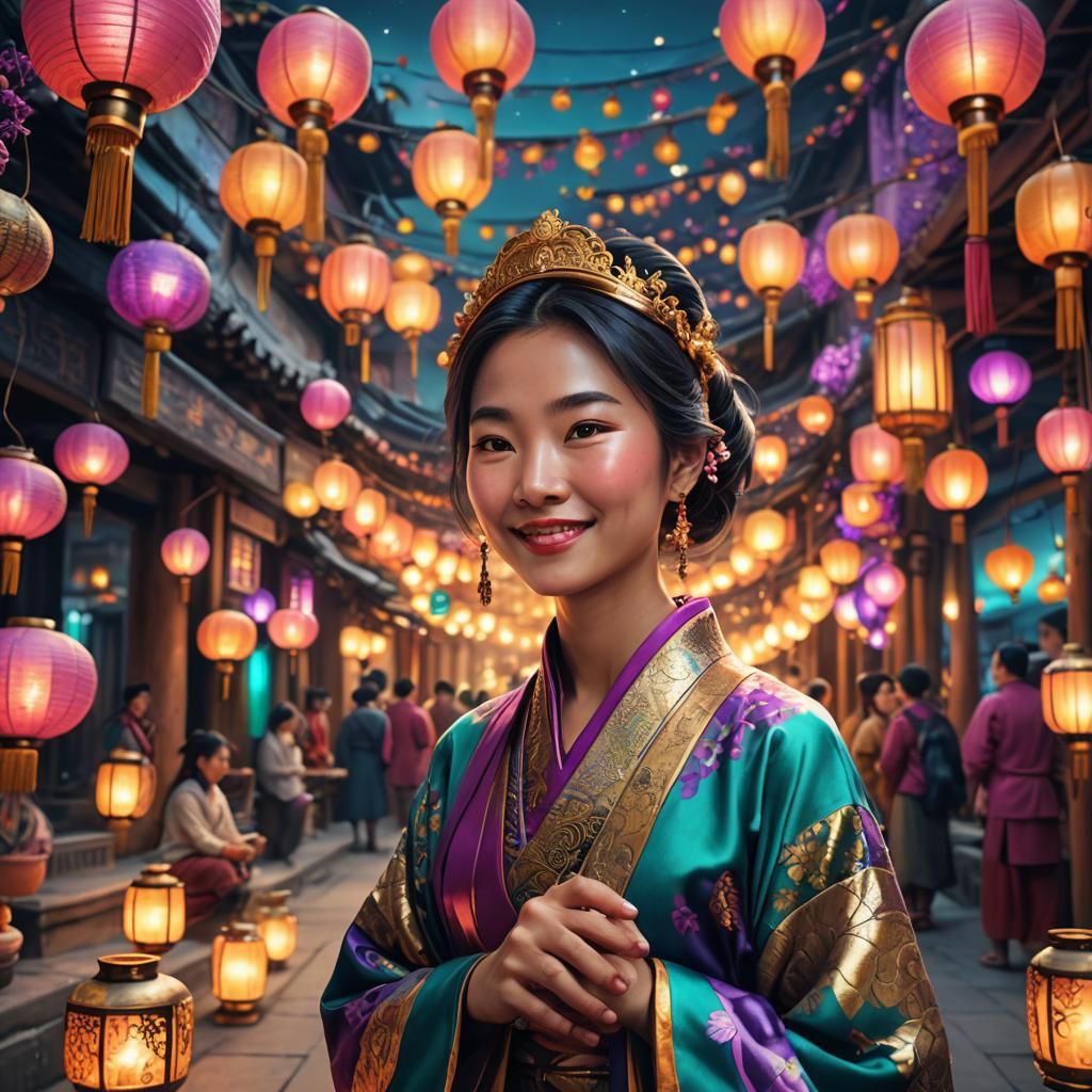 Smiling Asian Woman in Vibrant Fantasy Art
