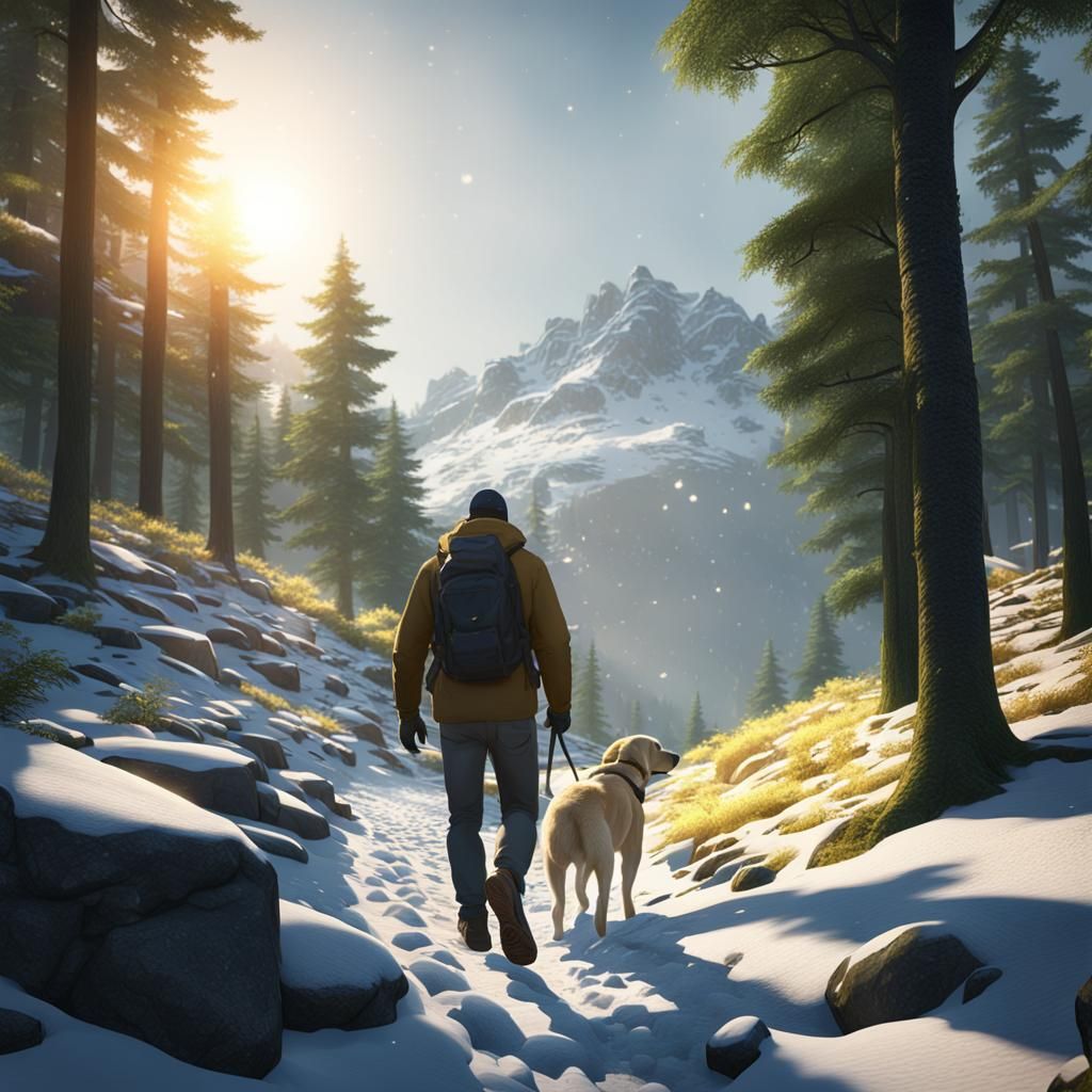 Man and Dog Hiking Forest Ridge at Sunset