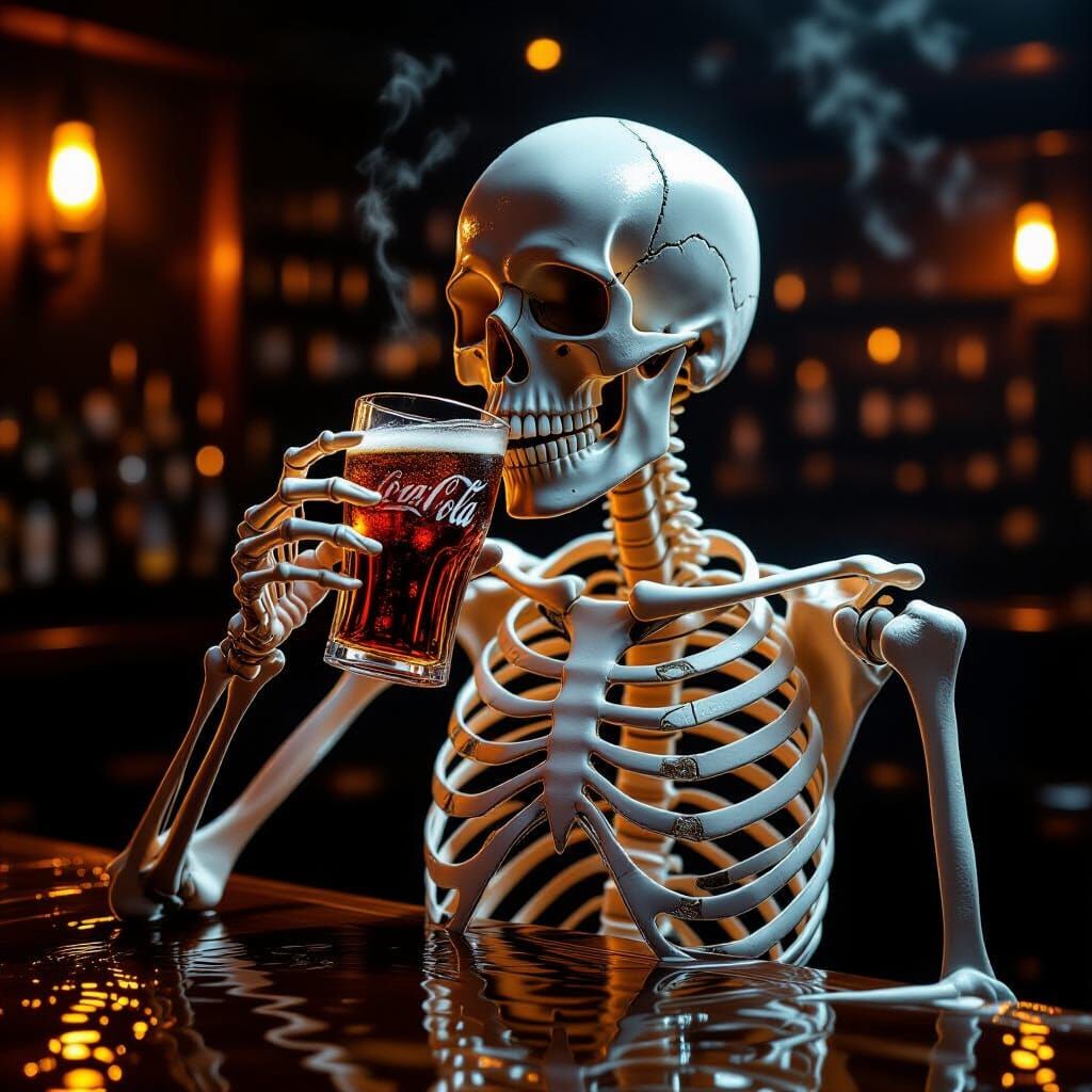 Skeleton Made of Water Drinks Cola in Moody Bar