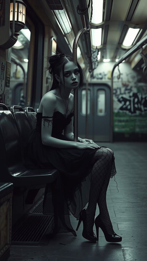 Ethereal Goth Girl in Dark Subway Transit