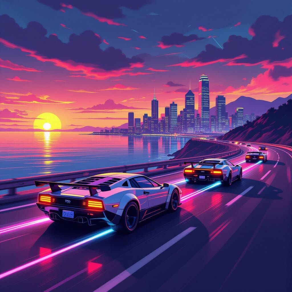 Retro-Futuristic Cars Speed Towards Synthwave Cityscape