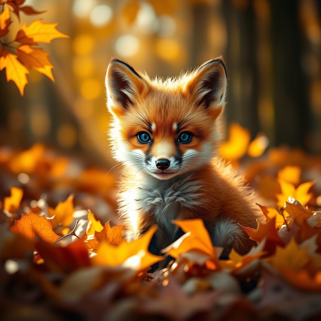 Surreal Red Fox Cub in Autumn Forest Landscape