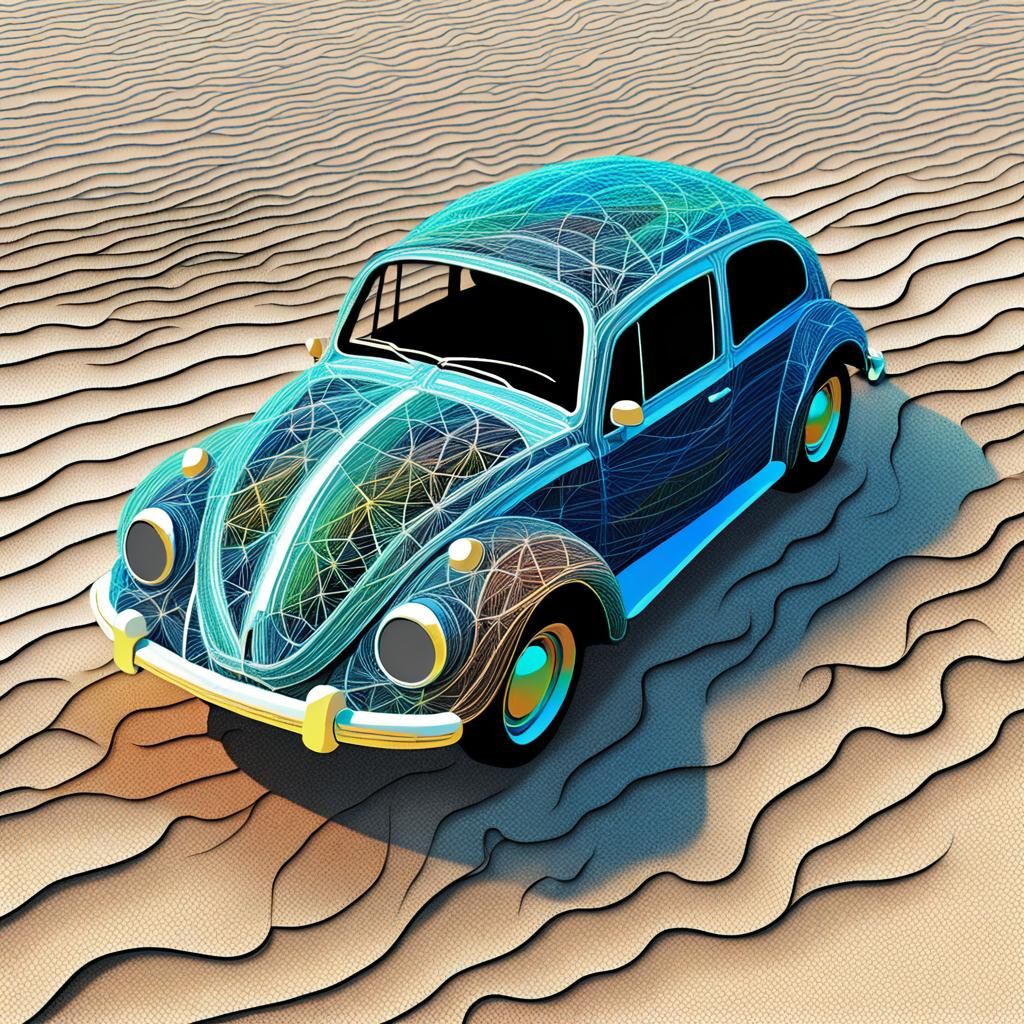 The entire vw beatle created from coloured string and strand...