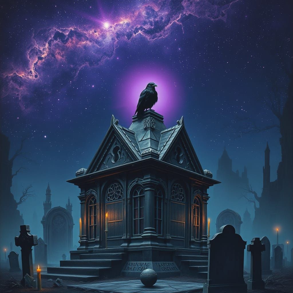 Gothic Raven Soars Amidst Starry Galaxy in Haunted Graveyard