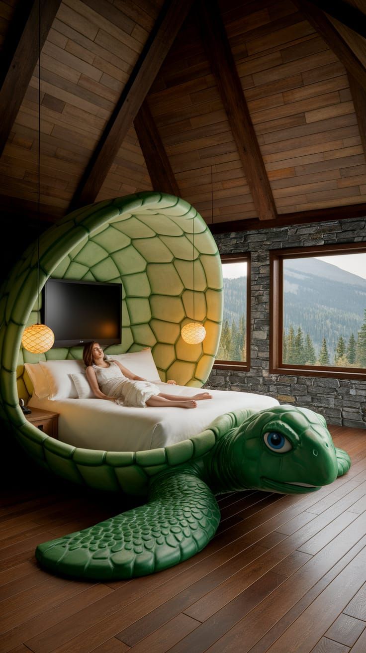 Colossal Turtle Bed in Rustic Cabin Bedroom