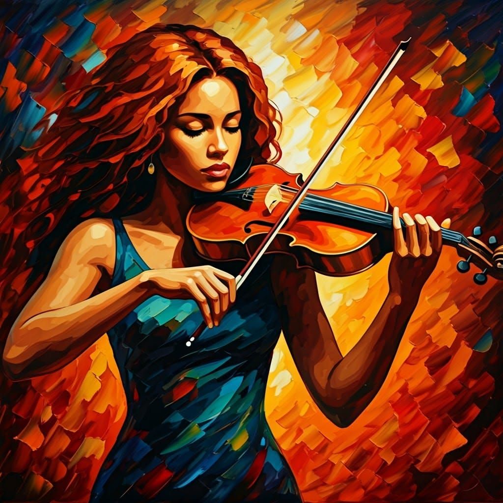 Expressionist Oil Painting of a Redhead Playing the Violin i...