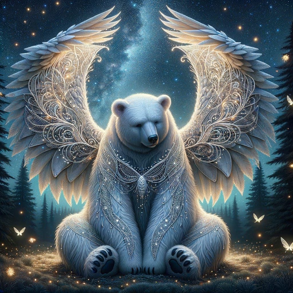 Angelic White Bear Under Starry Night Sky