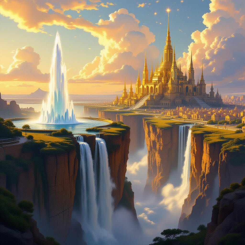 Majestic Cliffside Fountain Overlooking Golden City