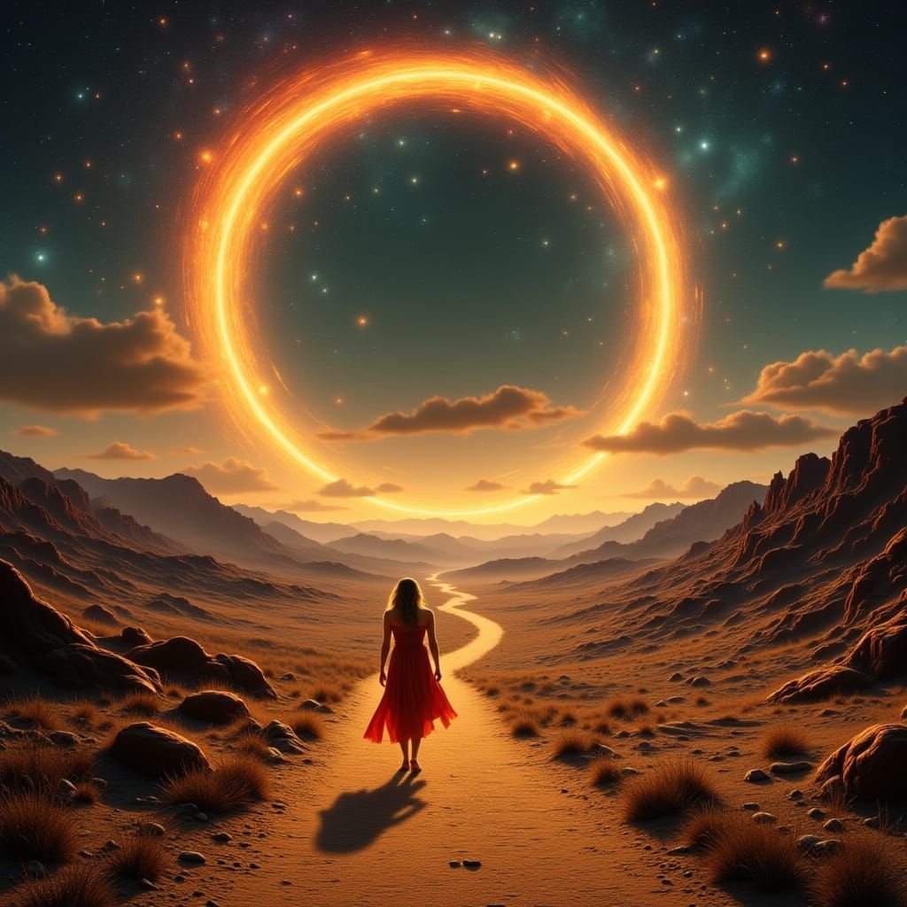 Lone Woman Gazes at Cosmic Ring in Surreal Desert