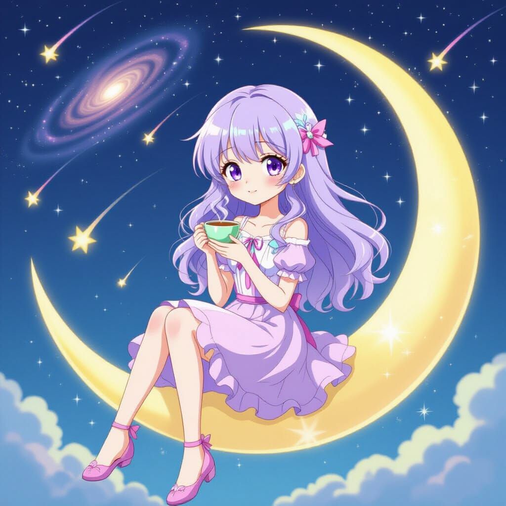 Anime Girl on Moon in Studio Ghibli Style