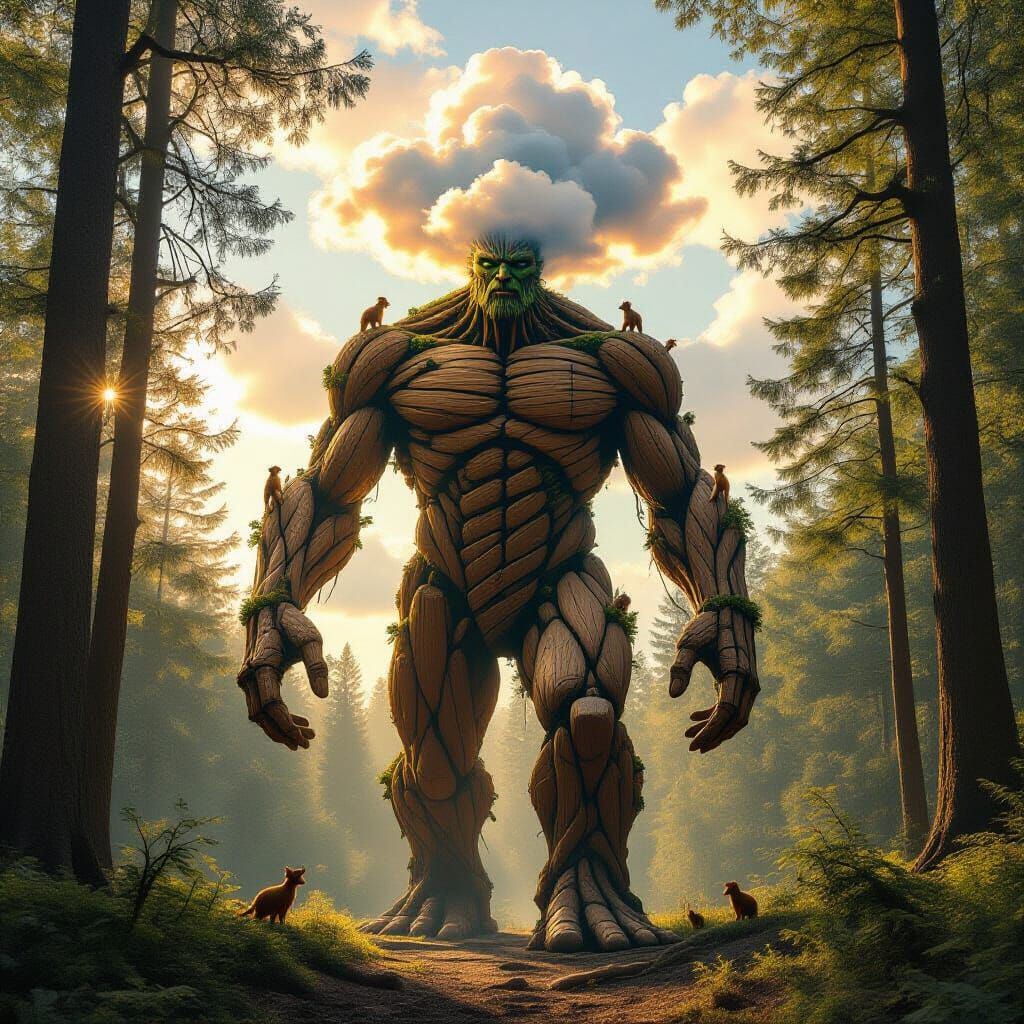 Giant Made of Wood and Roots in Clouds