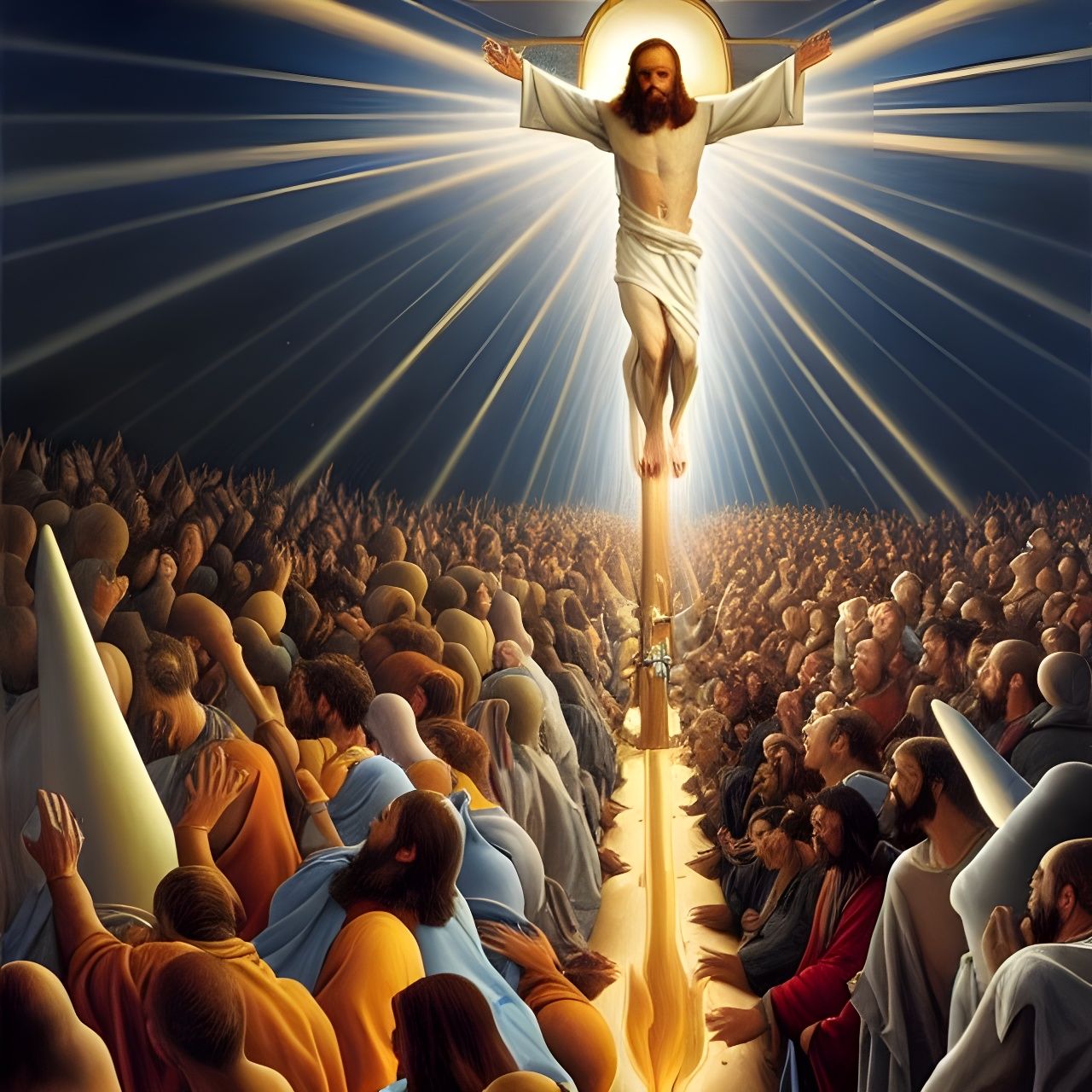 Spectacular Ascension Scene with Crowd, in Surreal Style