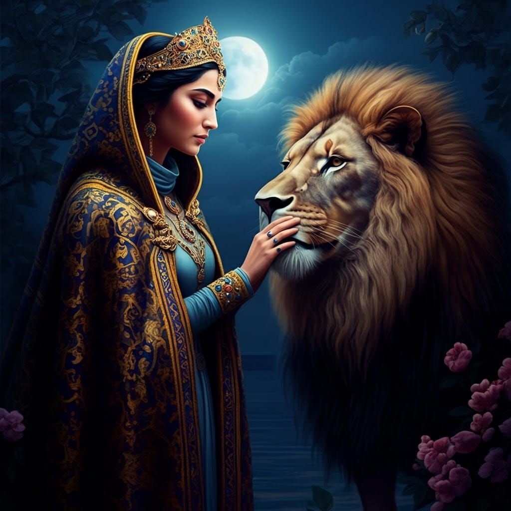 Iranian Princess and Lion in Moonlit Garden