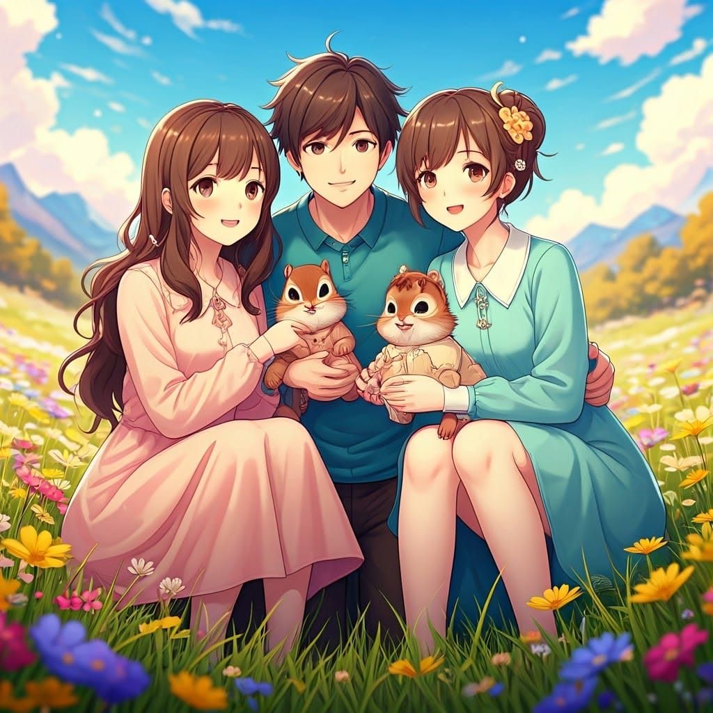 Whimsical Anime Family Portrait in a Vibrant Meadow