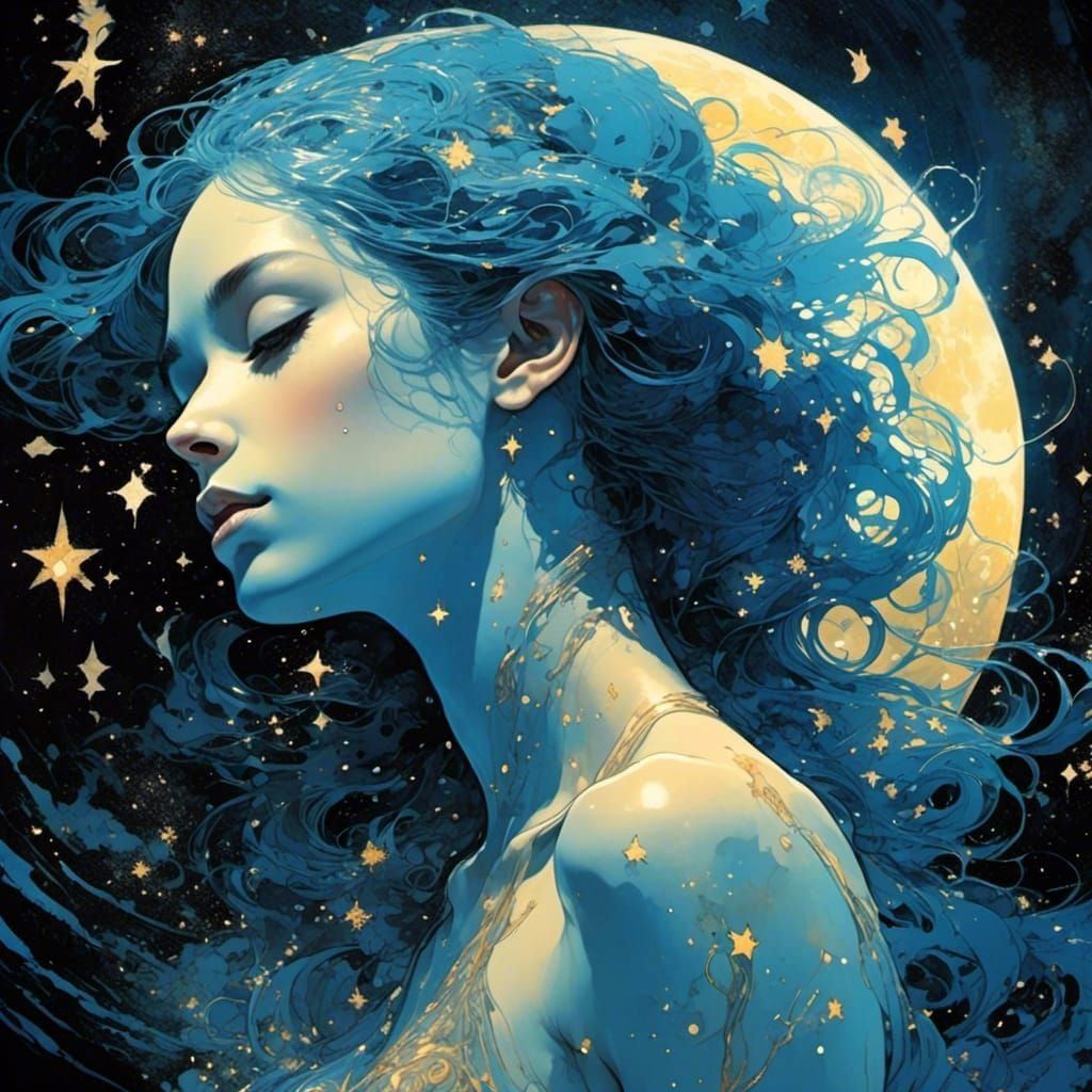 Blue Psytrance Woman Fading into Night Sky