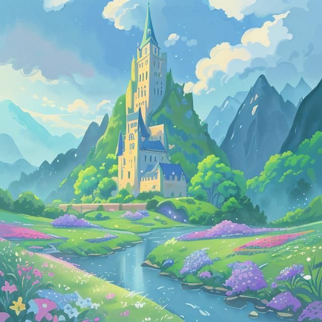 Disney Castle in Green Valley: Watercolor Anime Art