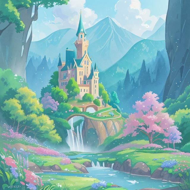 Watercolor Disney Castle in Mountain Valley