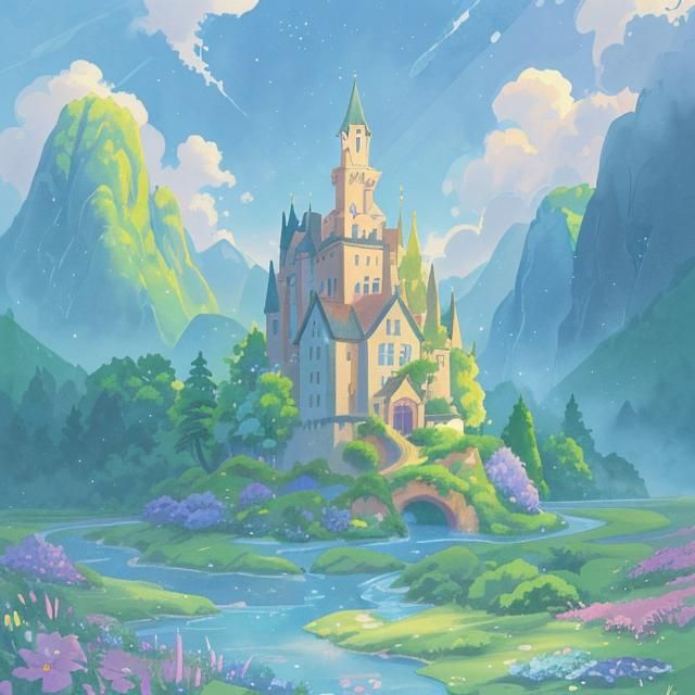 Disney Castle in Green Valley: Watercolor Anime Style