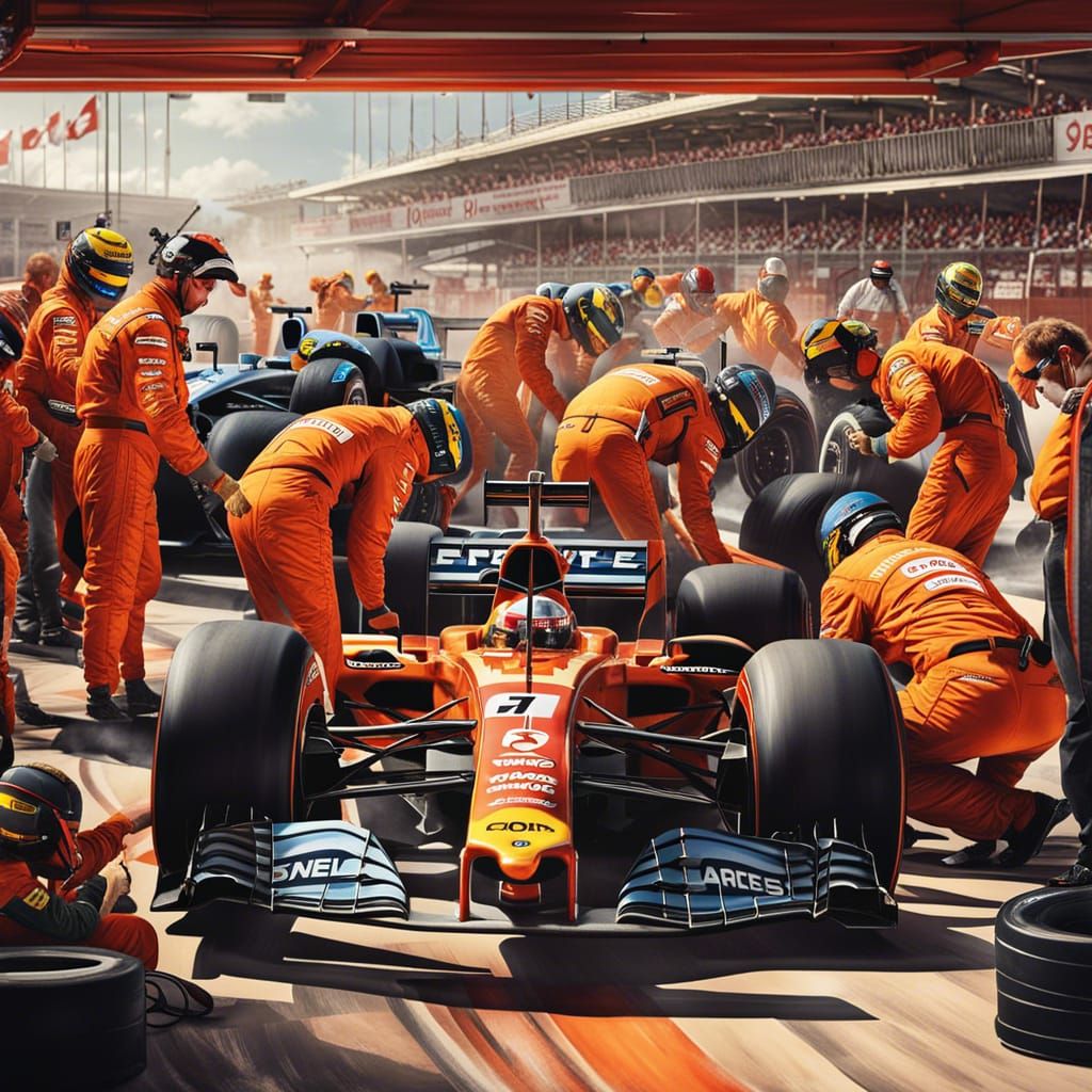 F1 Pit Stop: Technicians in Gouache Colors