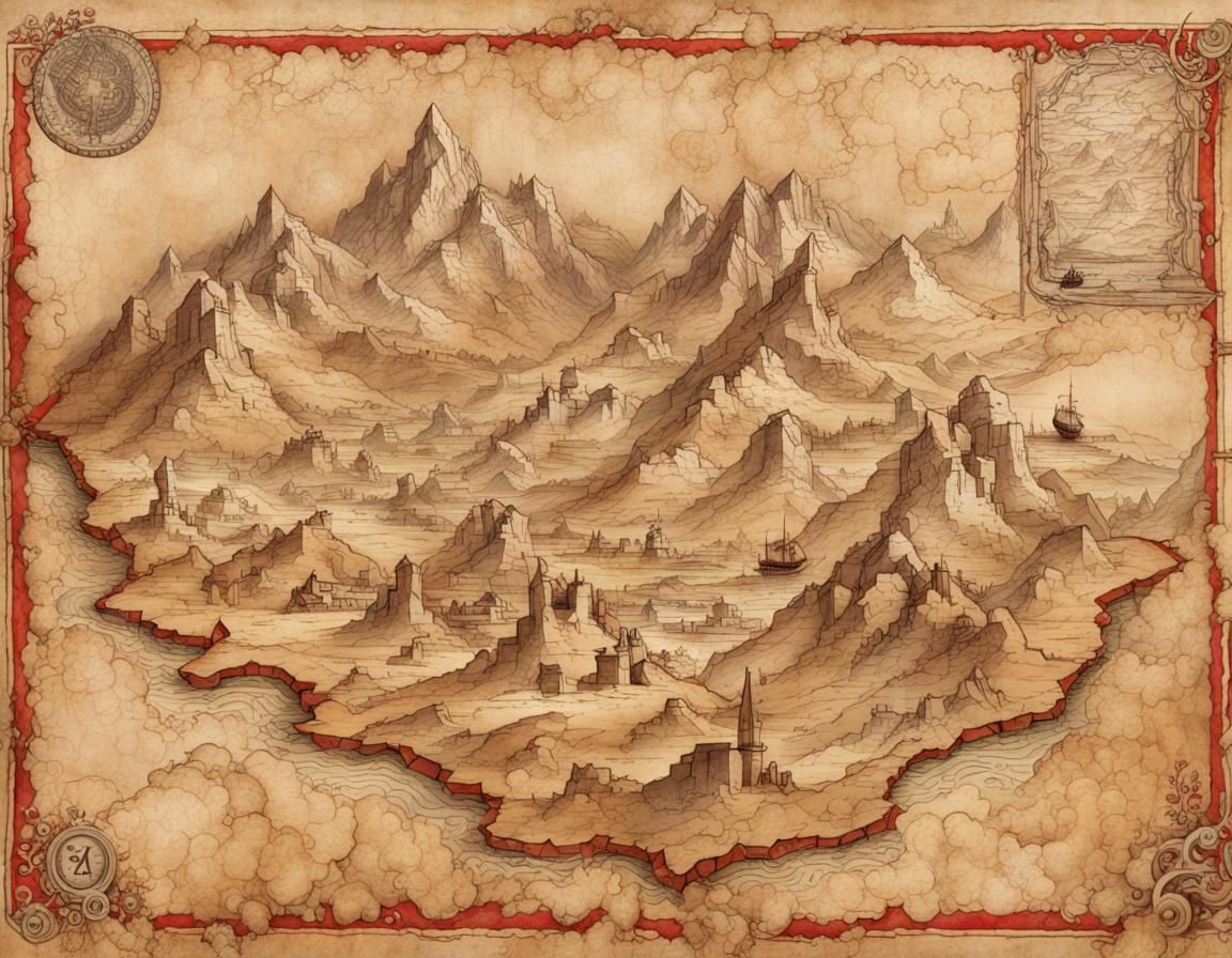 Detailed Treasure Map on Parchment in Watercolor Style