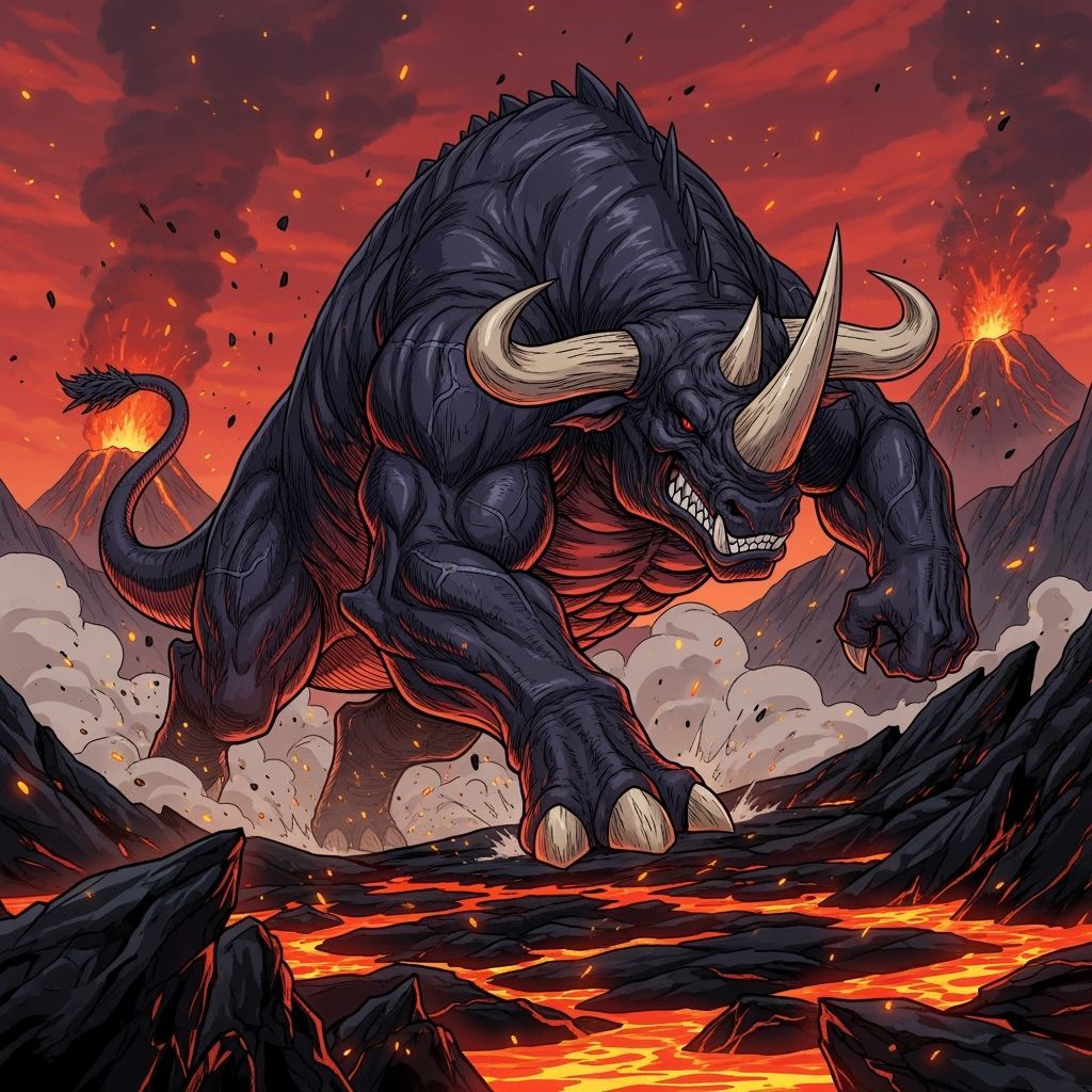 Colossal Boardon Charges Through Volcanic Landscape