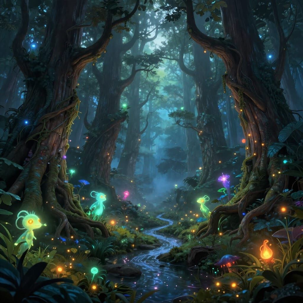 Mystical Forest with Bioluminescent Flora and Fauna