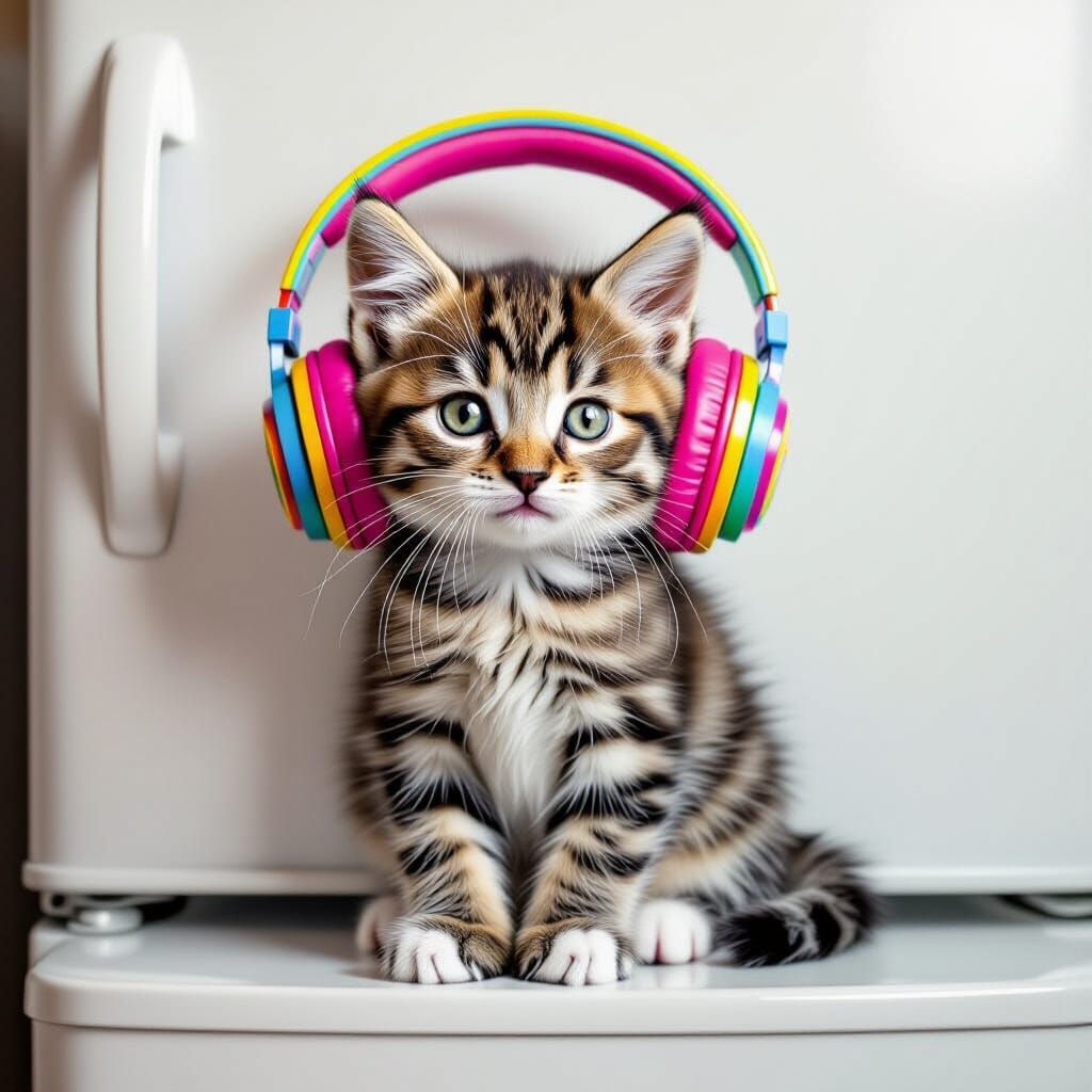 Adorable Kitten with Headphones, Realistic Digital Art