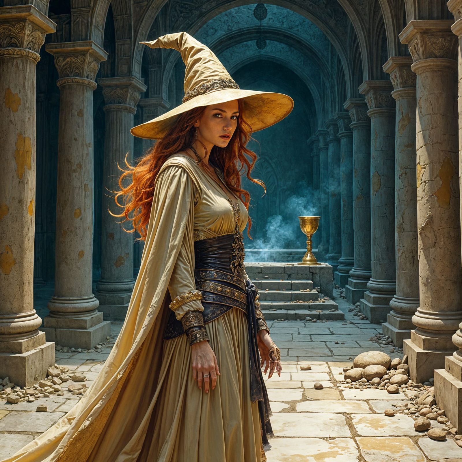 Ginger Witch and Golden Chalice in Dark Temple