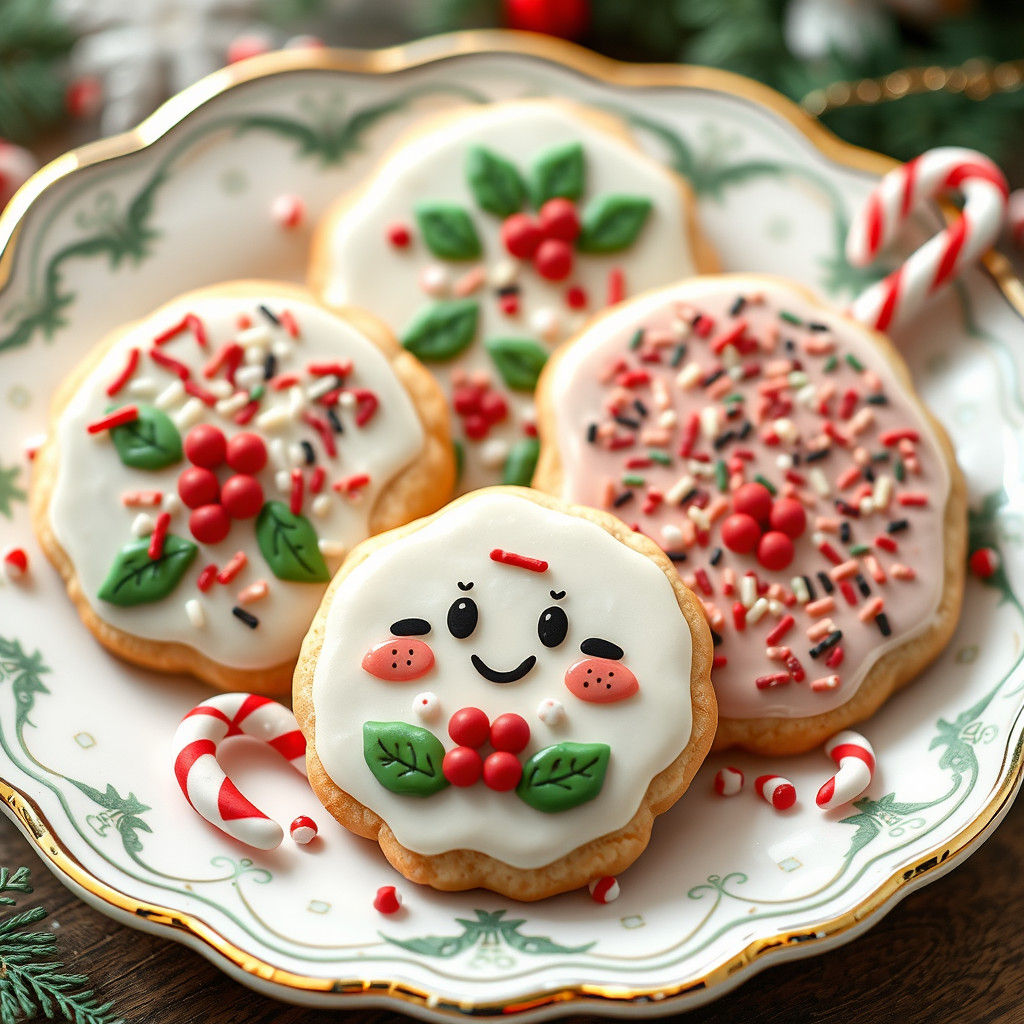 Kawaii Christmas Cookies with Sprinkles and Holly
