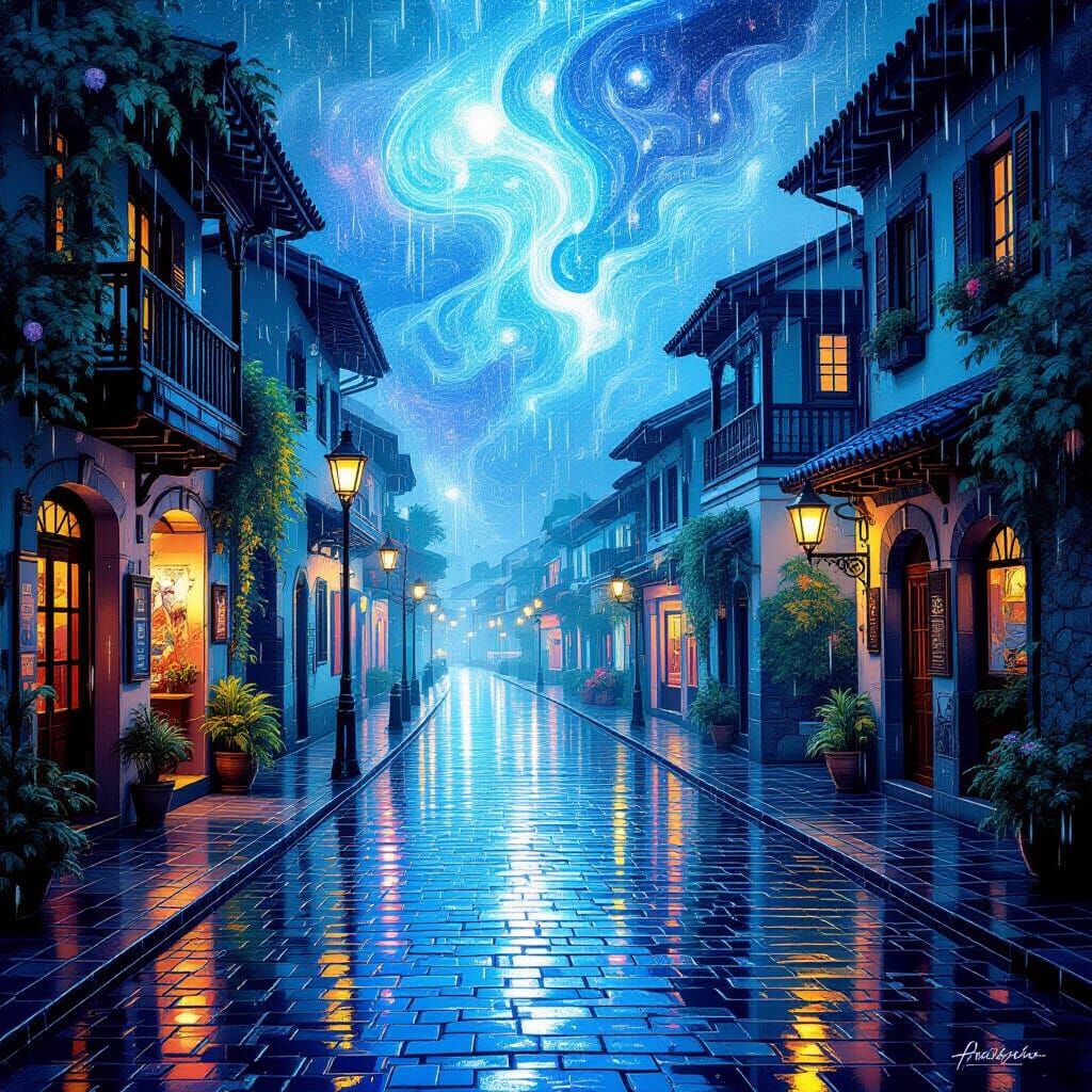 Rainy Midsummer Street in Dreamlike Astral Colors