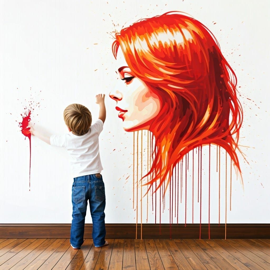 Child's Splatter Art Mural of Mother