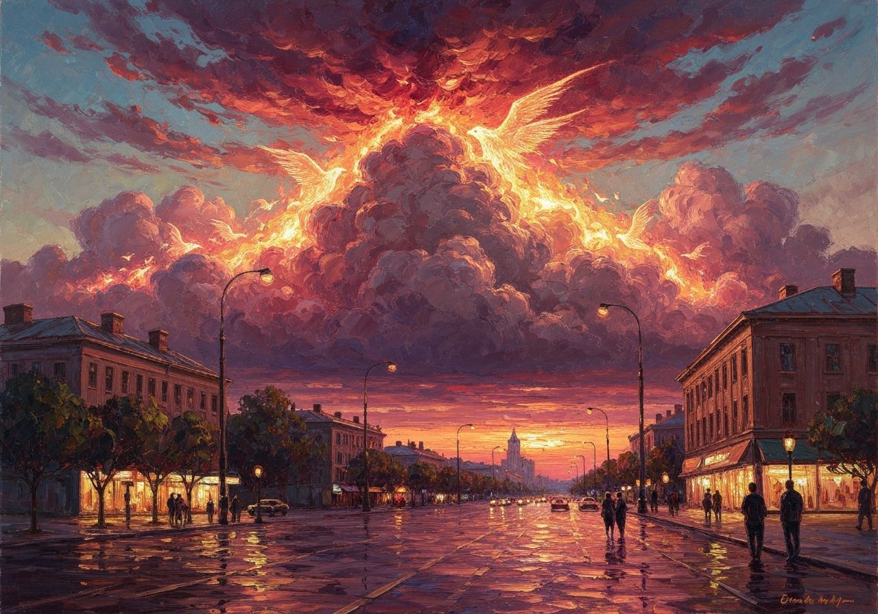 Fiery Sky Over Cityscape as Impasto Painting