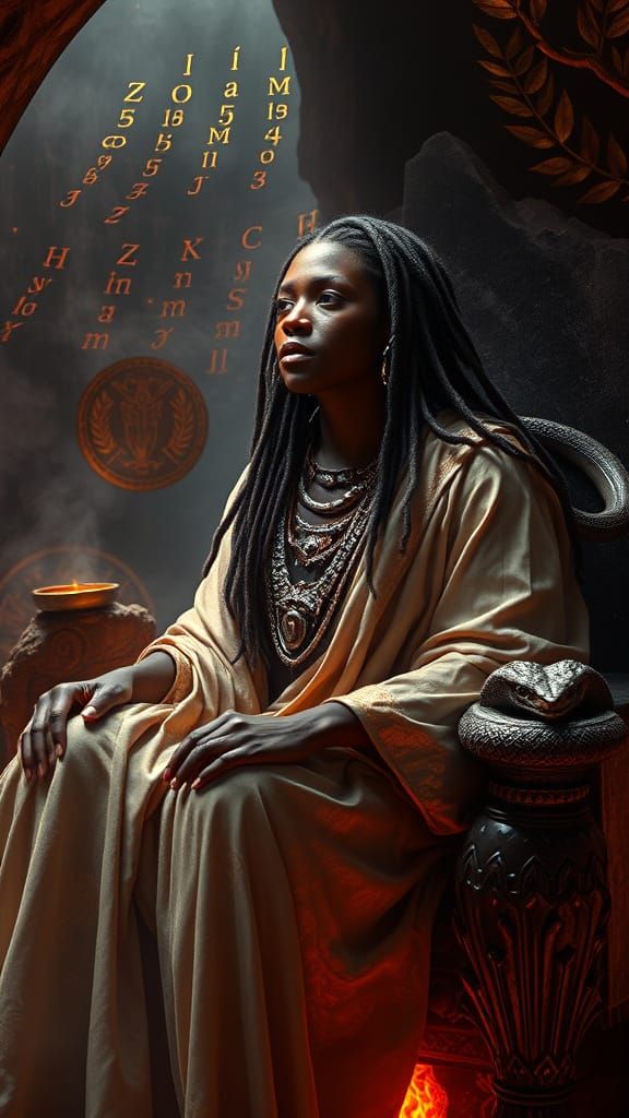 Greek-African Oracle in Smoky Cave with Glowing Runes