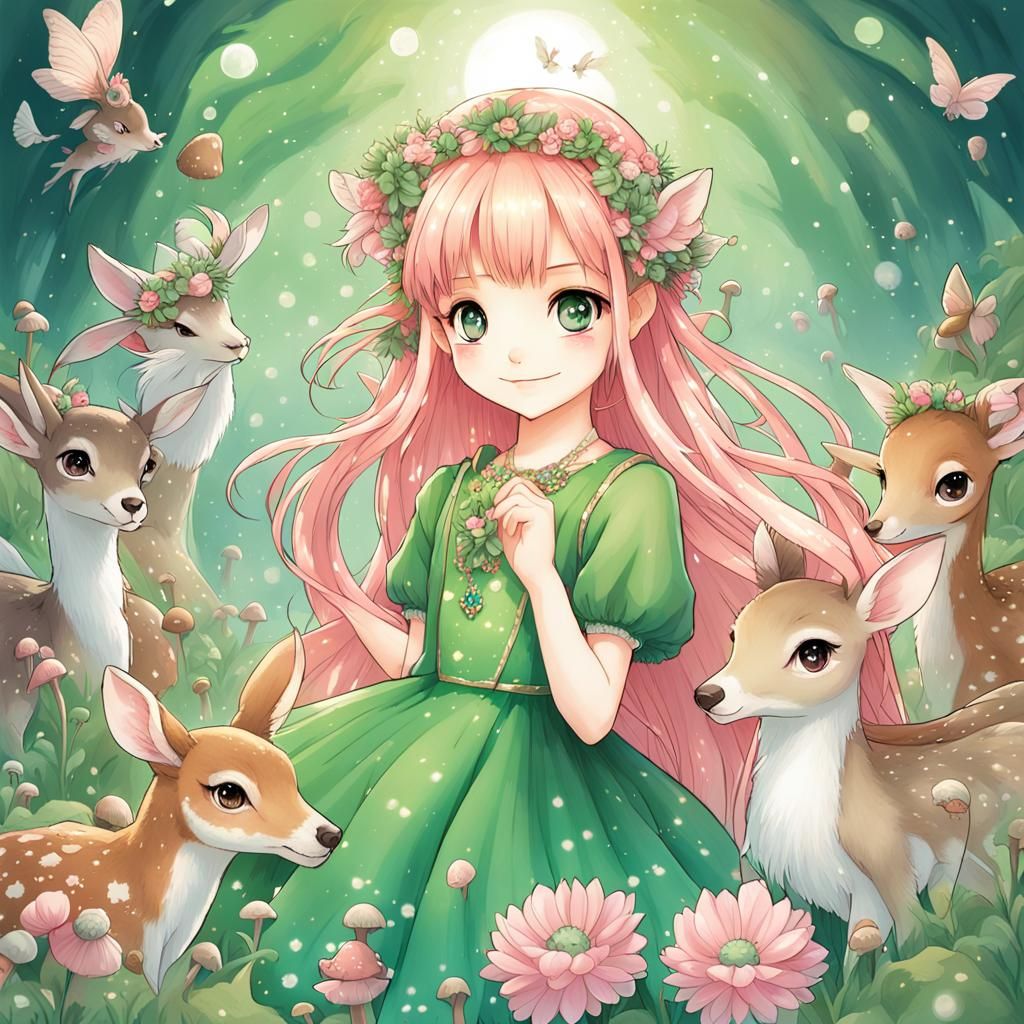 Smiling Fairy Girl with Green Hair in Manga Style