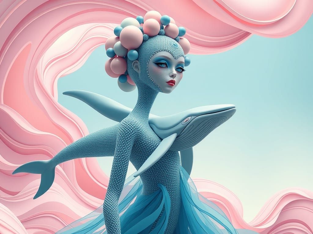 Ethereal Futuristic Woman with Whale Symbol in Gradient Sky