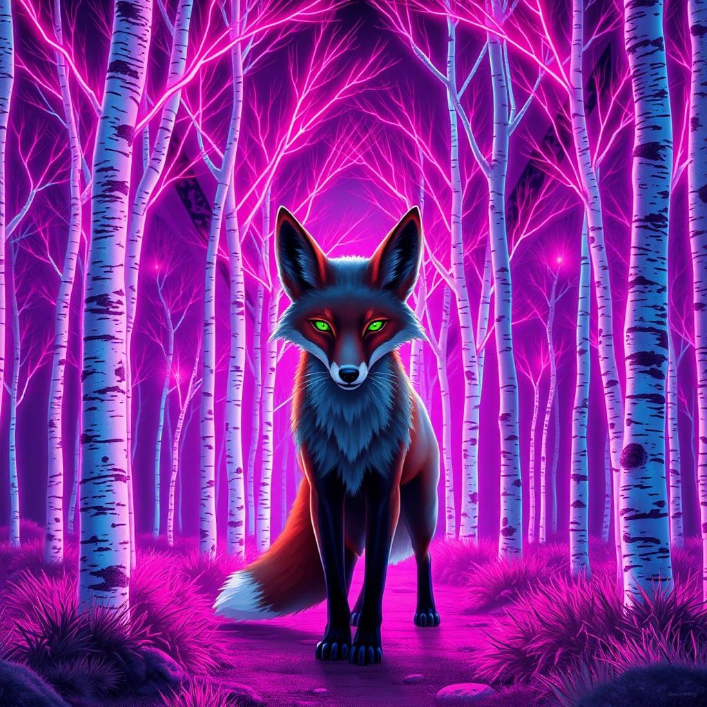 Mystical Fox in Fluorescent Birch Forest