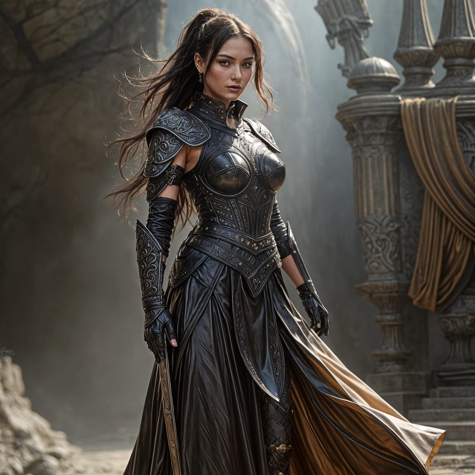 Hyperrealistic Warrior Woman in Latex Armor Dress