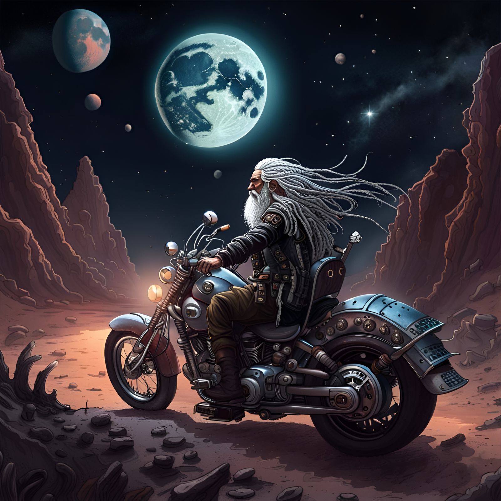 Old Pirate Rides Space Harley on Mars: Hyperrealistic Art