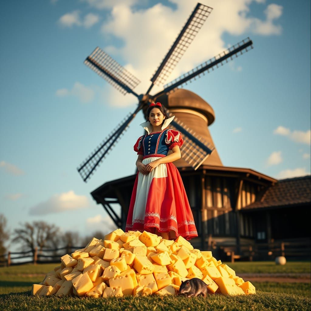 Dutch Snow White in Traditional Attire Stands Before a Windm...