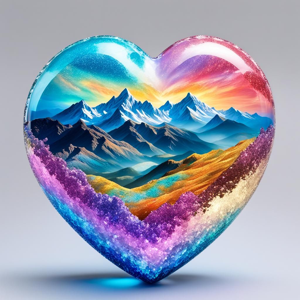 Glittering 3D Heart Against Mountain Range
