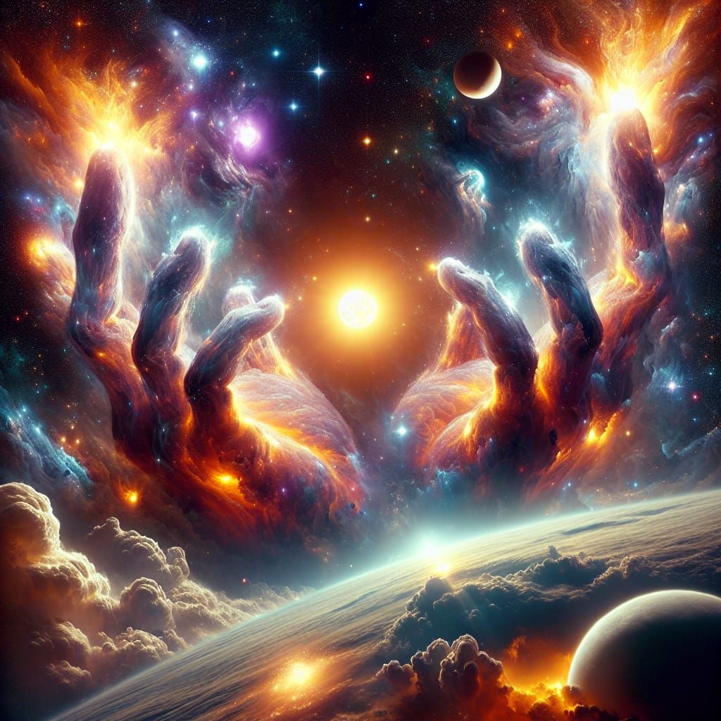 Celestial Hands Cradling a Sun in Space