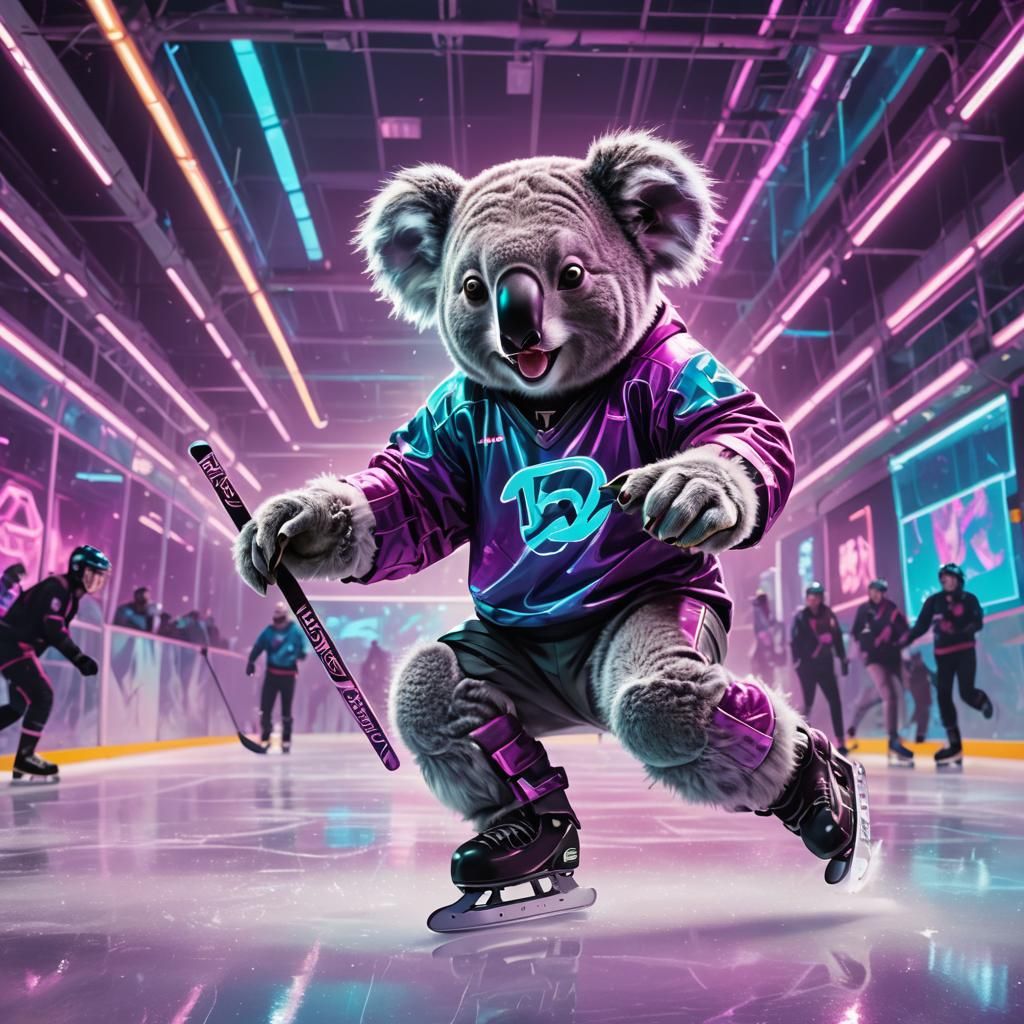 Cyberpunk Koala Plays Hockey on Futuristic Ice Rink
