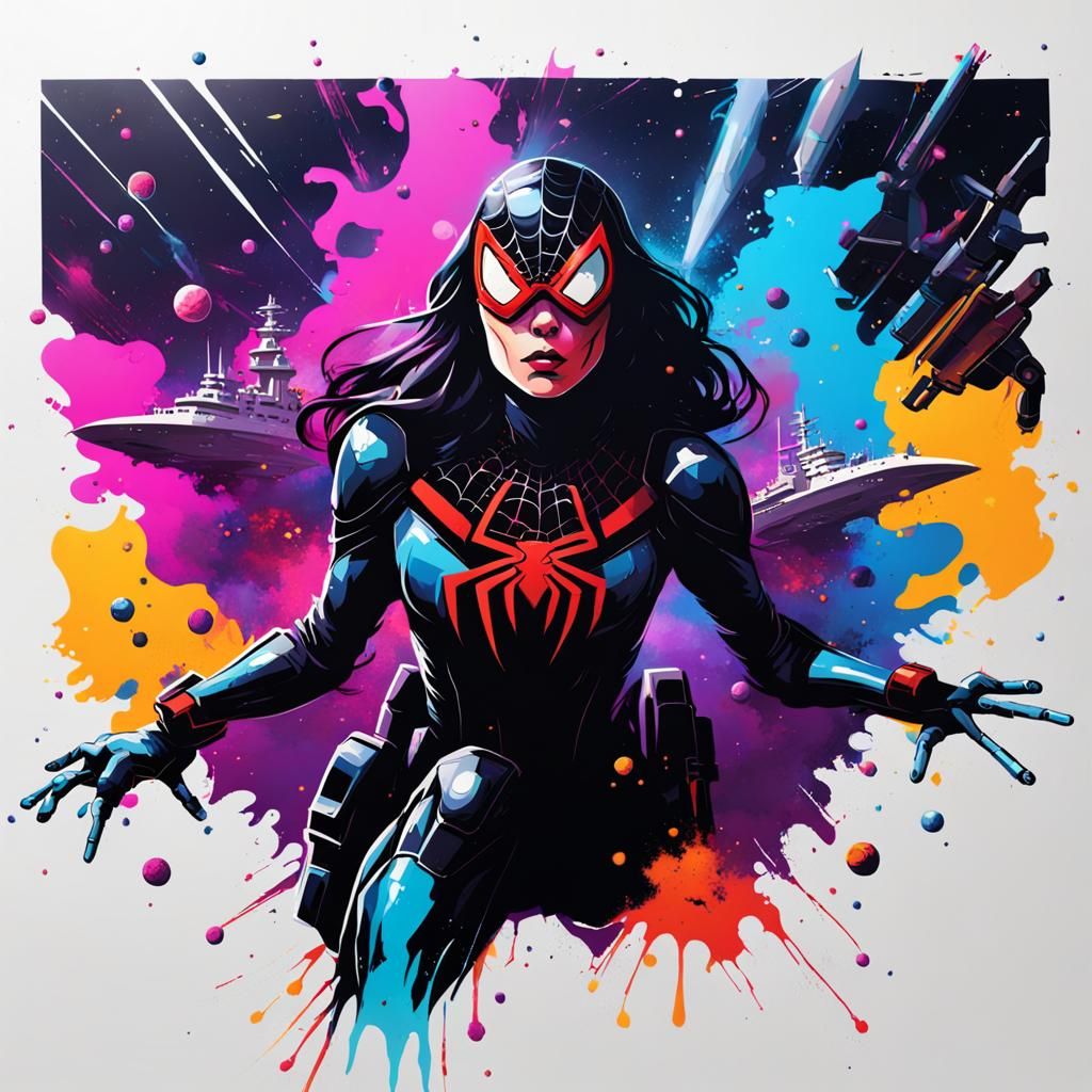 Spiderwoman in Space Battle: Graffiti Art Style