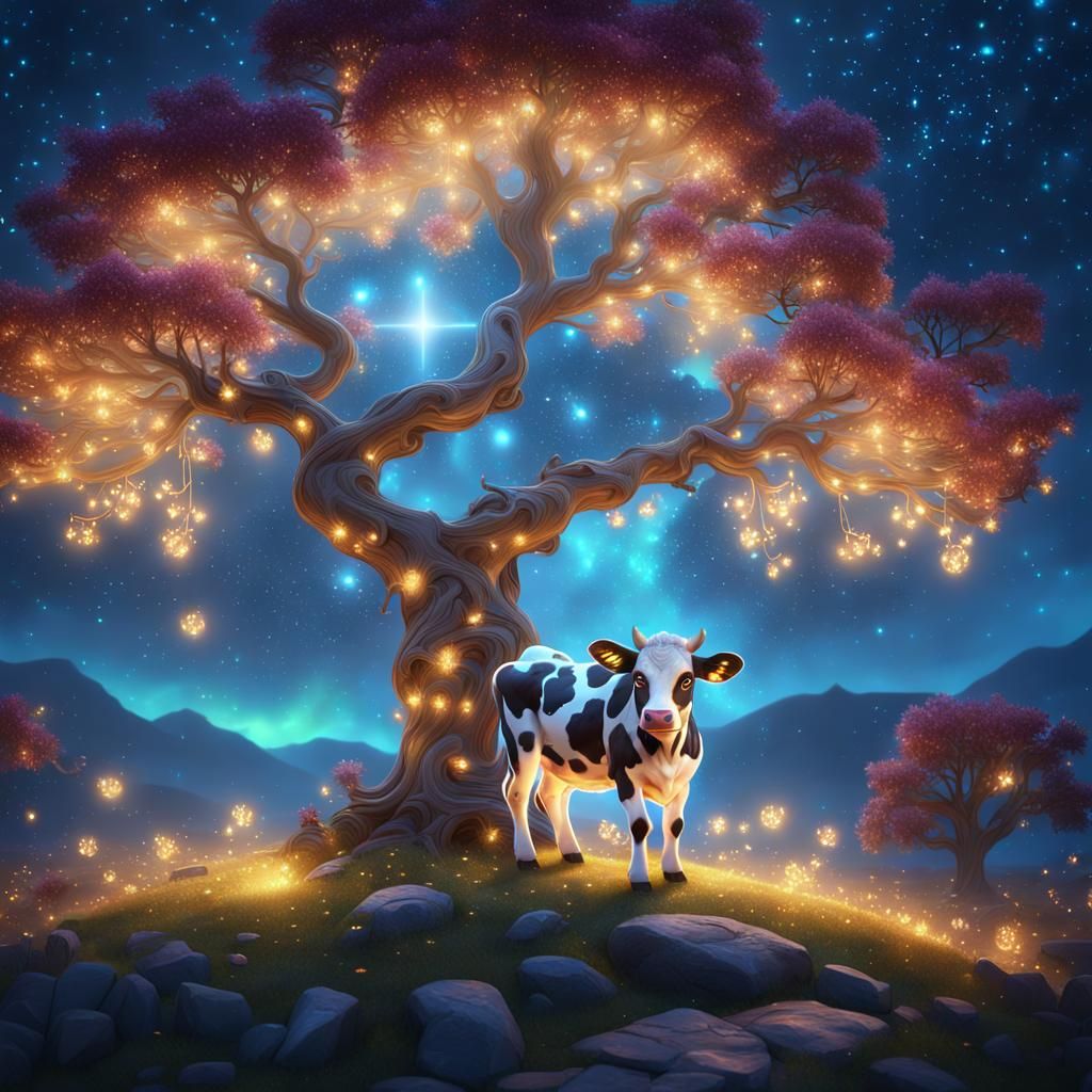 Magical Baby Cow Under a Glowing Tree